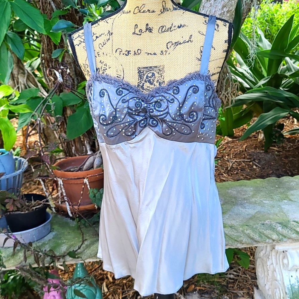 White House Black Market Silver Gray Embellished Satin Camisole